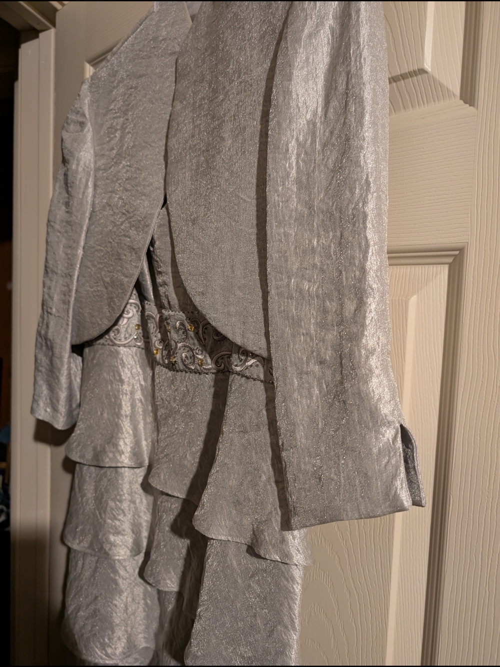 David's Bridal Silver Satin Evening Jacket And Strap Dress Two Piece Set